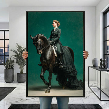 Elegant Woman Riding Black Horse Canvas Wall Art