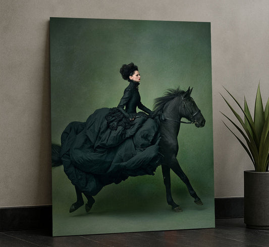 Elegant Woman In Black Dress On Horse Canvas Wall Art