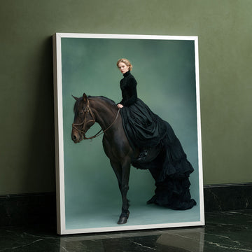 Elegant Woman In Black Dress On Horse Canvas Wall Art