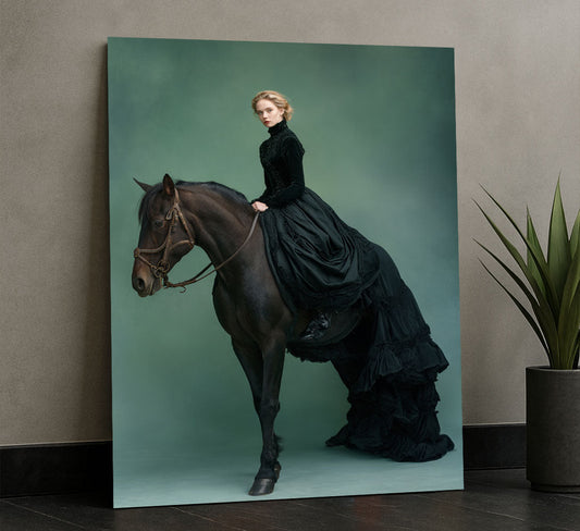 Elegant Woman In Black Dress On Horse Canvas Wall Art