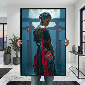 Enchanting Tattooed Woman In Red Kimono Canvas Wall Art