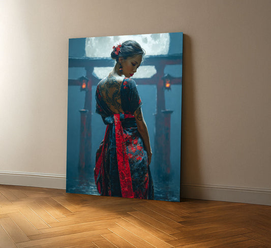 Enchanting Tattooed Woman In Red Kimono Canvas Wall Art