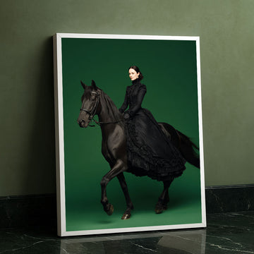 Majestic Woman In Black Riding Horse Canvas Wall Art
