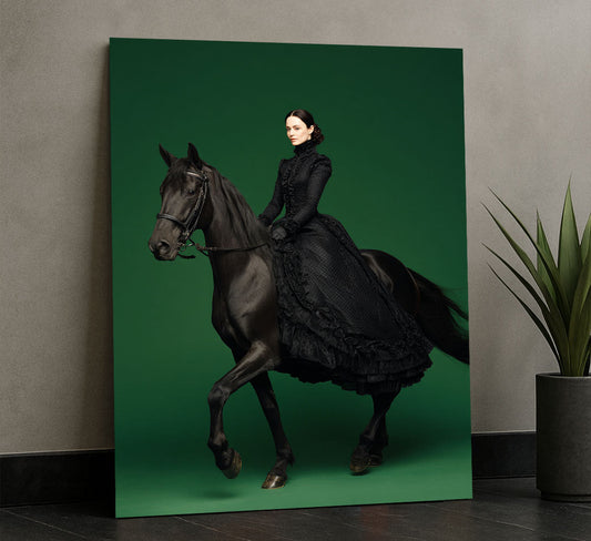 Majestic Woman In Black Riding Horse Canvas Wall Art