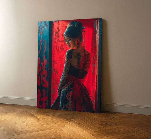 Enchanting Tattooed Woman In Red Dress Canvas Wall Art