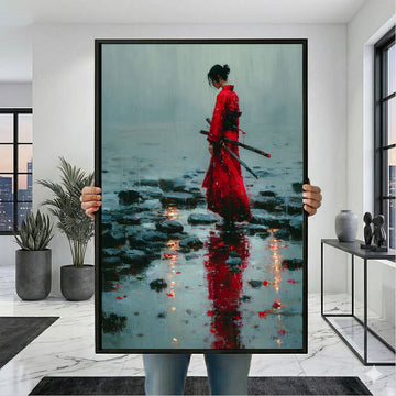Enchanting Samurai Woman In Red Kimono Canvas Wall Art