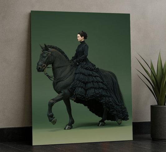 Majestic Woman In Black Dress Riding Horse Canvas Wall Art