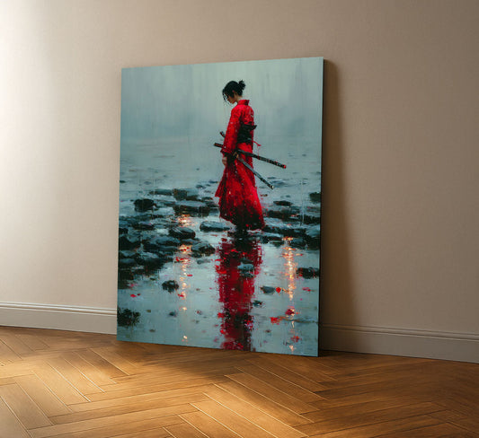Enchanting Samurai Woman In Red Kimono Canvas Wall Art