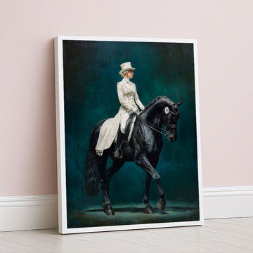 Elegant Woman On Black Horse Canvas Wall Art