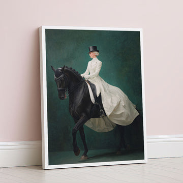 Elegant Woman Riding Black Horse Canvas Wall Art