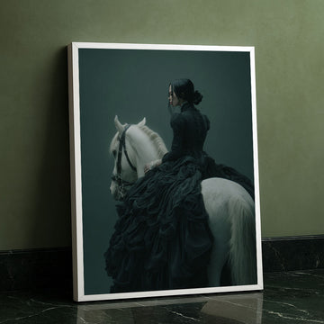 Enchanting Woman In Black On White Horse Canvas Wall Art