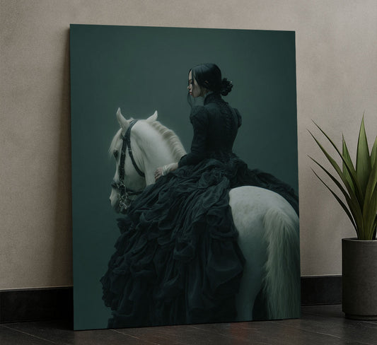 Enchanting Woman In Black On White Horse Canvas Wall Art