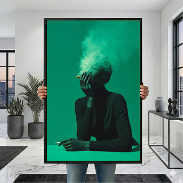 Vibrant Green Woman Smoking Portrait Canvas Wall Art