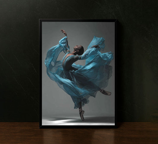 Graceful Ballerina In Flowing Blue Dress Canvas Wall Art