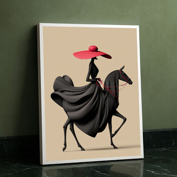 Elegant Woman In Black Dress Riding Horse Canvas Wall Art