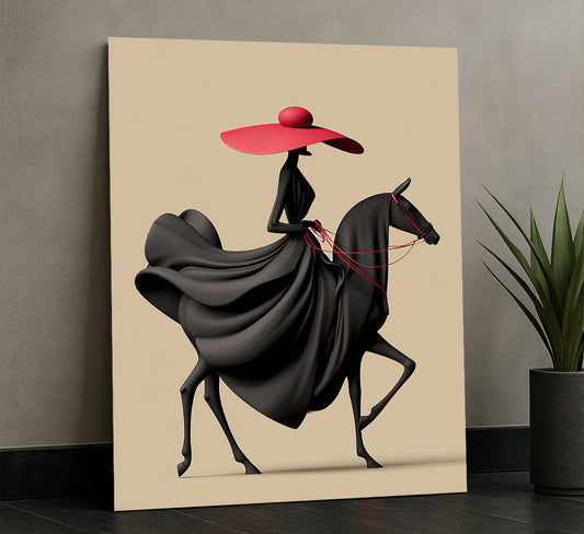 Elegant Woman In Black Dress Riding Horse Canvas Wall Art