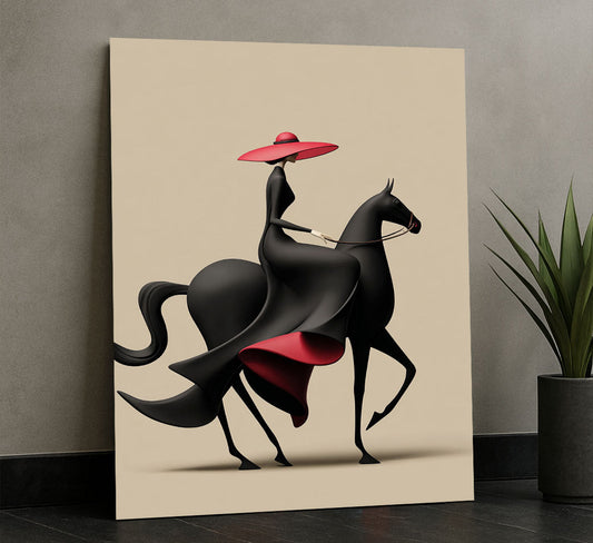 Striking Woman In Black Dress Riding Horse Canvas Wall Art