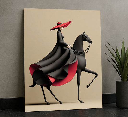 Elegant Woman In Black Dress Riding Horse Canvas Wall Art