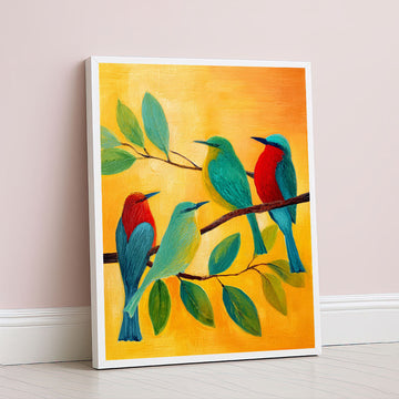 Vibrant Colorful Birds On Branch Canvas Wall Art