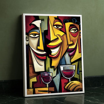 Vibrant Abstract Faces With Wine Glasses Canvas Wall Art