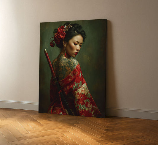 Enchanting Samurai Woman With Tattoos Canvas Wall Art