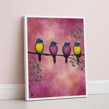 Vibrant Blue And Yellow Birds On Branch Canvas Wall Art