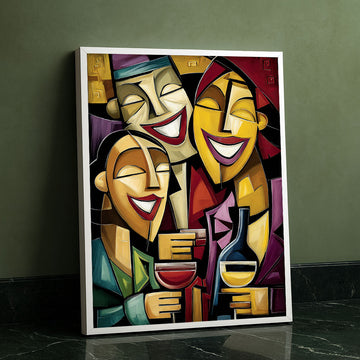 Vibrant Abstract Smiling Faces With Wine Canvas Wall Art