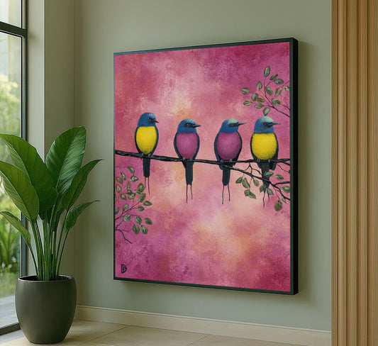 Vibrant Blue And Yellow Birds On Branch Canvas Wall Art