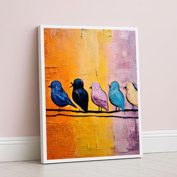 Vibrant Multicolored Birds On Branch Canvas Wall Art