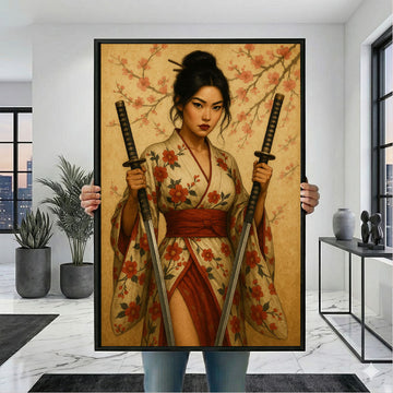 Elegant Samurai Woman in Traditional Kimono Canvas Wall Art Print | Japanese Style Living Room Decor | Statement Piece