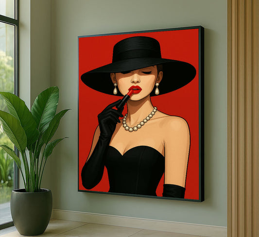 Elegant Woman In Black Hat And Red Lips Canvas Wall Art