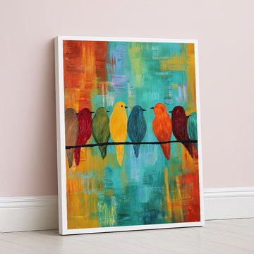 Vibrant Multicolored Birds On Wire Canvas Wall Art