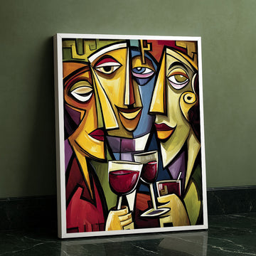 Vibrant Cubist Faces With Wine Glasses Canvas Wall Art