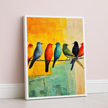 Vibrant Colorful Birds On Wire Canvas Wall Art