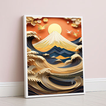 Majestic Japanese Wave And Mountain Sunset Canvas Wall Art