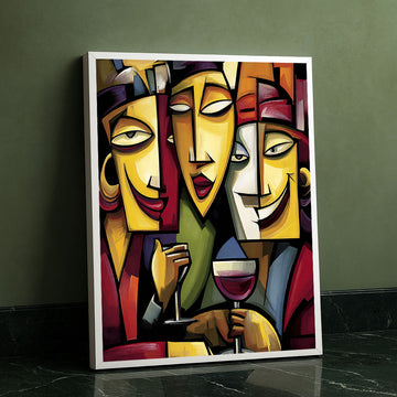 Vibrant Abstract Faces With Wine Glasses Canvas Wall Art