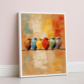 Vibrant Colorful Birds On Wire Canvas Wall Art