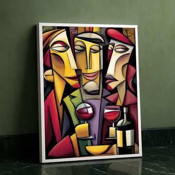 Vibrant Abstract Faces With Wine Glasses Canvas Wall Art