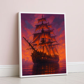 Majestic Sunset Sailing Ship Canvas Wall Art In Fiery Hues