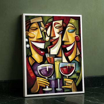 Vibrant Abstract Faces With Wine Glasses Canvas Wall Art
