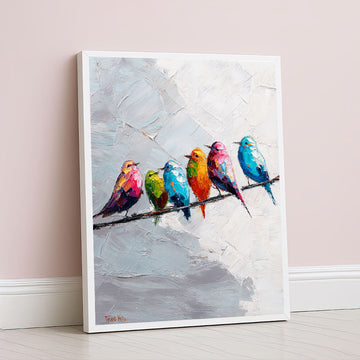 Vibrant Colorful Birds On Branch Canvas Wall Art