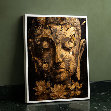 Mystical Golden Buddha Face With Lotus Flowers Canvas Wall Art