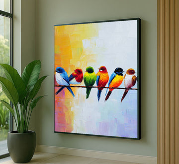Vibrant Colorful Birds On Branch Canvas Wall Art