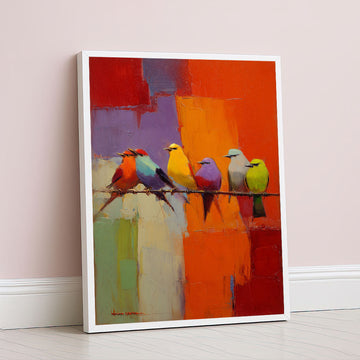 Vibrant Colorful Birds On Wire Canvas Wall Art