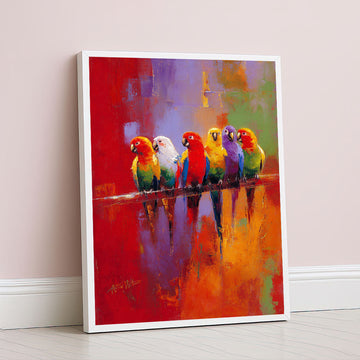 Vibrant Colorful Parrots On Branch Canvas Wall Art
