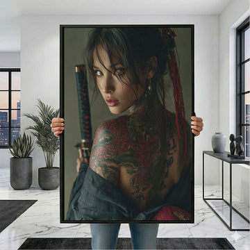 Captivating Samurai Woman With Tattoos Canvas Wall Art