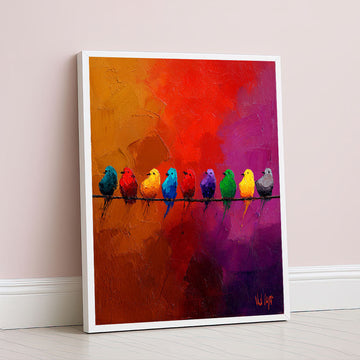 Vibrant Rainbow Birds On Wire Canvas Wall Art