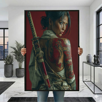 Captivating Samurai Woman With Dragon Tattoo Canvas Wall Art