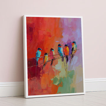 Vibrant Colorful Birds On Wire Canvas Wall Art