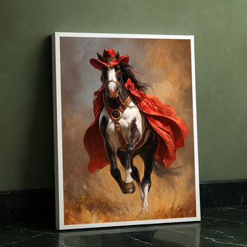 Dramatic Black And White Horse In Red Cape Canvas Wall Art